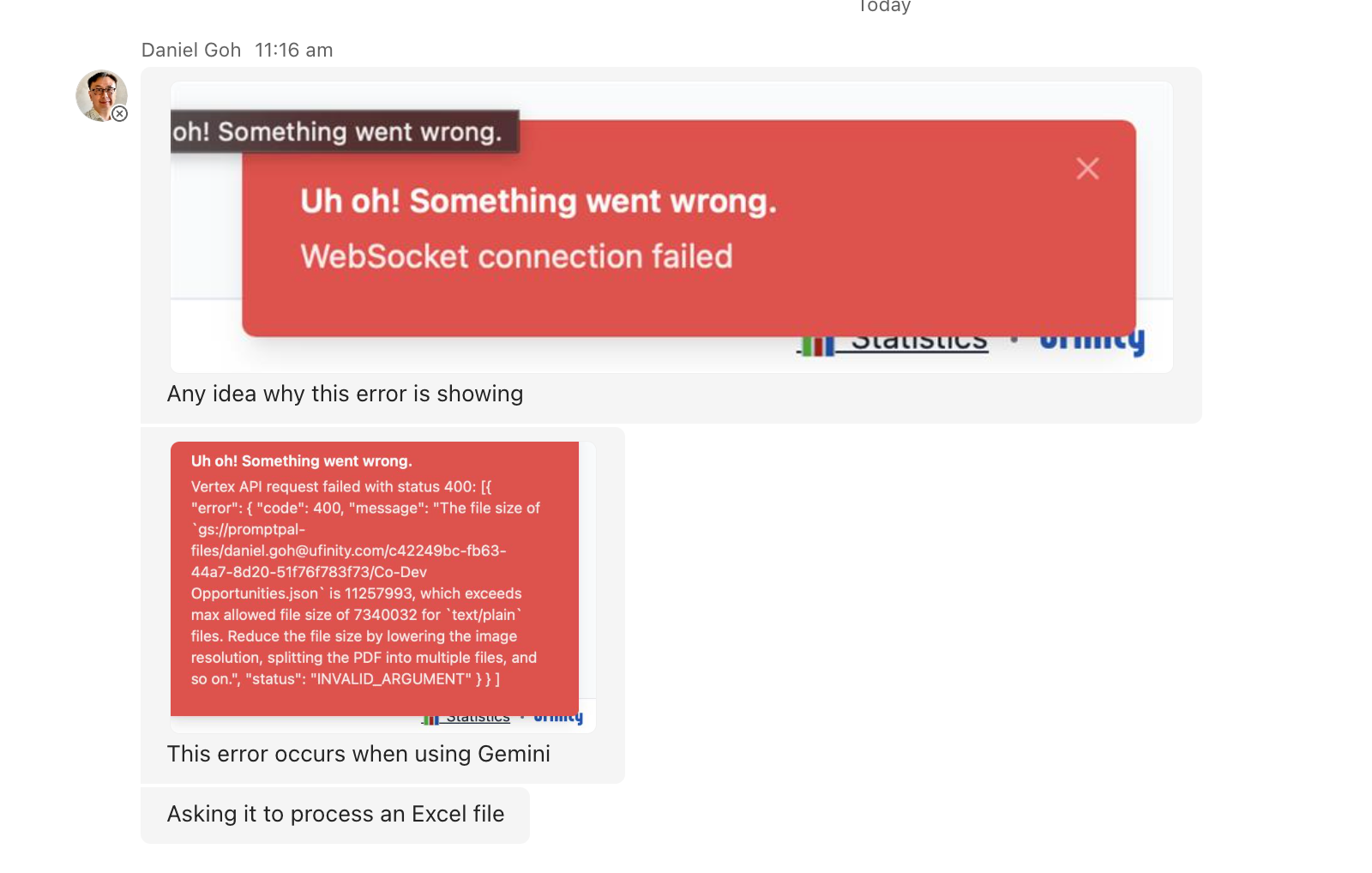 PromptPal showing two red error messages after a failed Excel upload