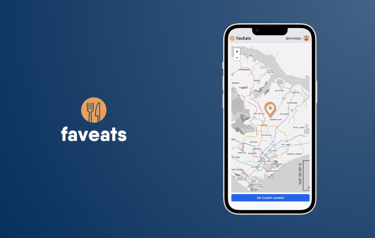 FavEats map selector for finding food near a chosen location.