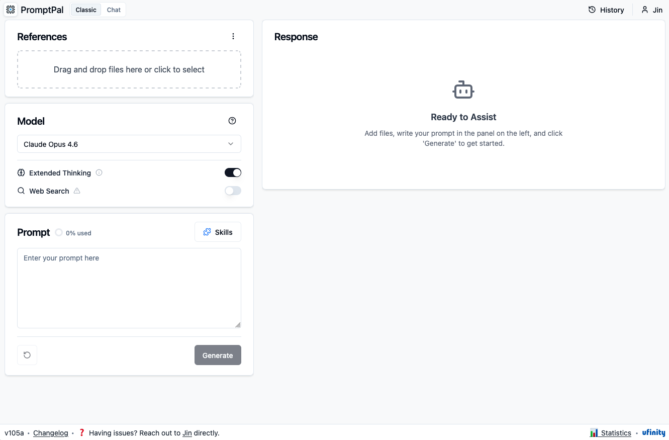 PromptPal interface showing internal AI work with files and prompt workflows.