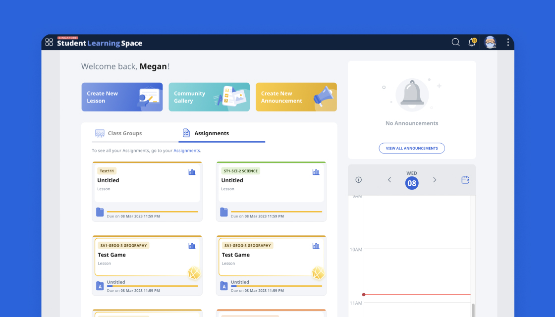 Student Learning Space platform interface for online teaching and learning.
